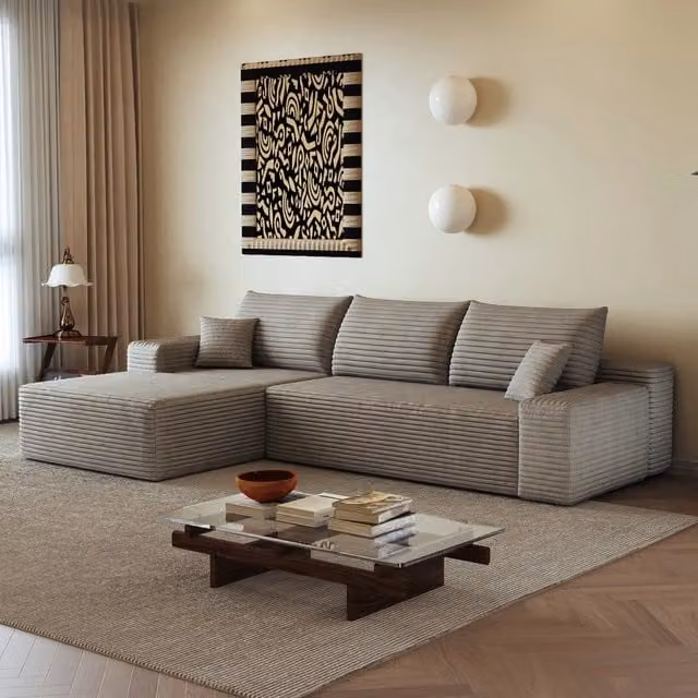 Divano 270x175x83 cm senza attrezzi in tessuto a coste cammello