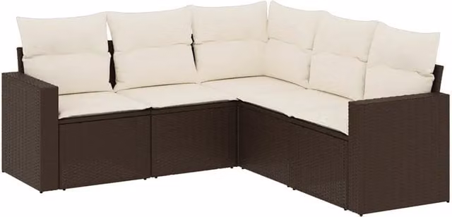 Set Divano da Giardino 5 pz | Set Salotto da Giardino con Cuscini Marrone in Polyrattan