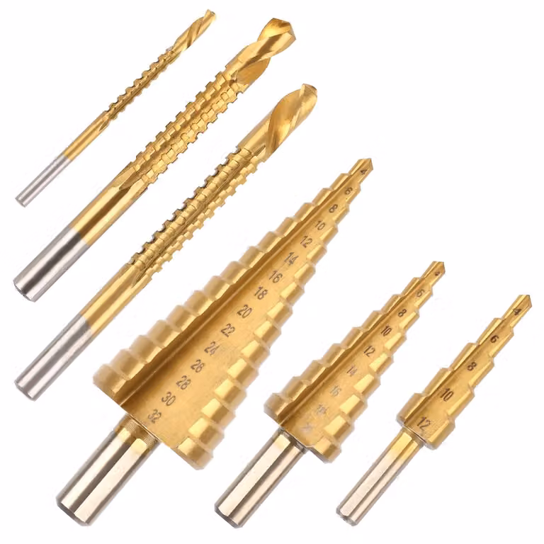 Set di punte per fori passanti, composto da 6 pezzi, con punte coniche in HSS, diametro da 4 a 32 mm, adatte per metallo e altri materiali