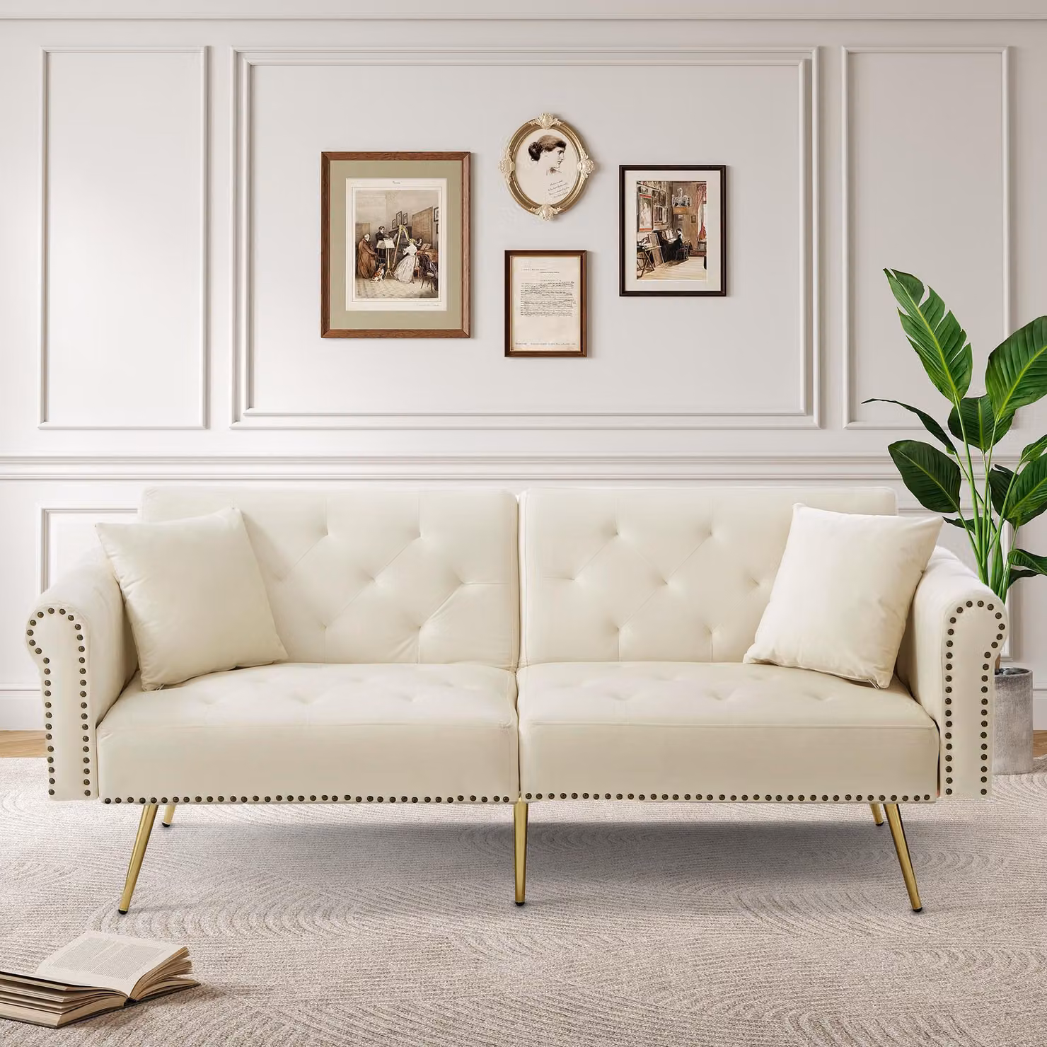 Divano letto a due posti, dimensioni 173x75x70 cm, rivestito in velluto, con schienale regolabile in 3 posizioni e funzione letto, ideale per piccoli spazi, colore beige