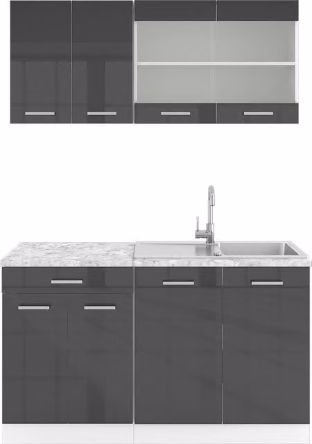 Cucina monoblocco R-Line Antracite lucido/Bianco 140 cm, PL Marmo Vicco