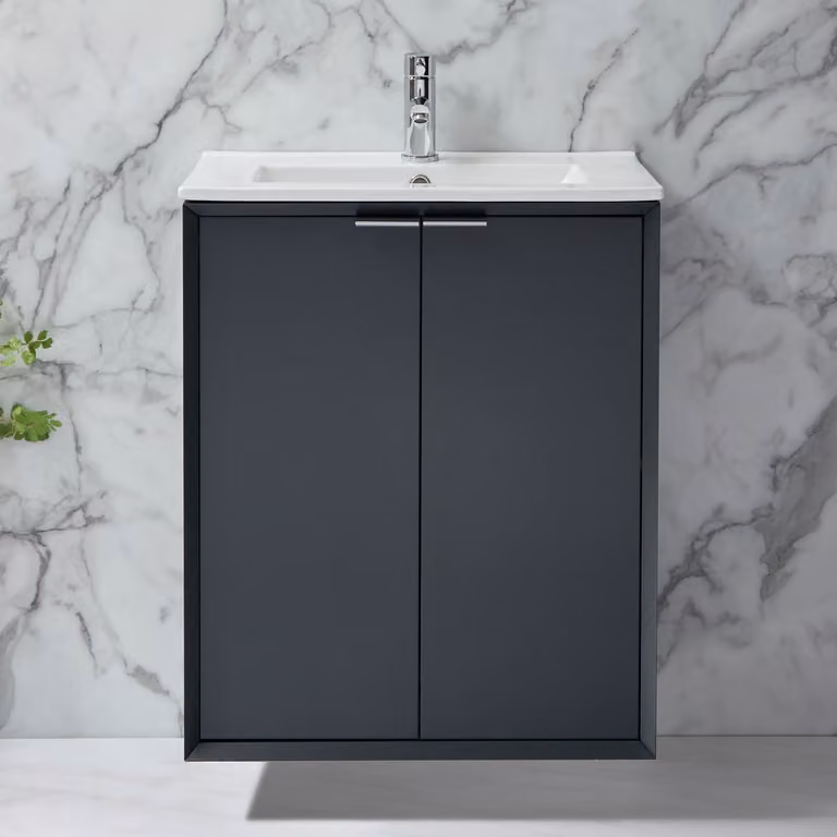 Mobile Bagno Sospeso Antracite 610mm con Lavabo e Maniglie Cromate con Impugnatura a Dito - Edge