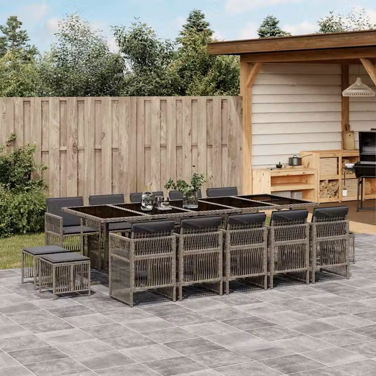 Set da Pranzo da Giardino vidaXL in Polyrattan con Cuscini e Tavolo in Vetro, 15 Pezzi, Grigio e Nero
