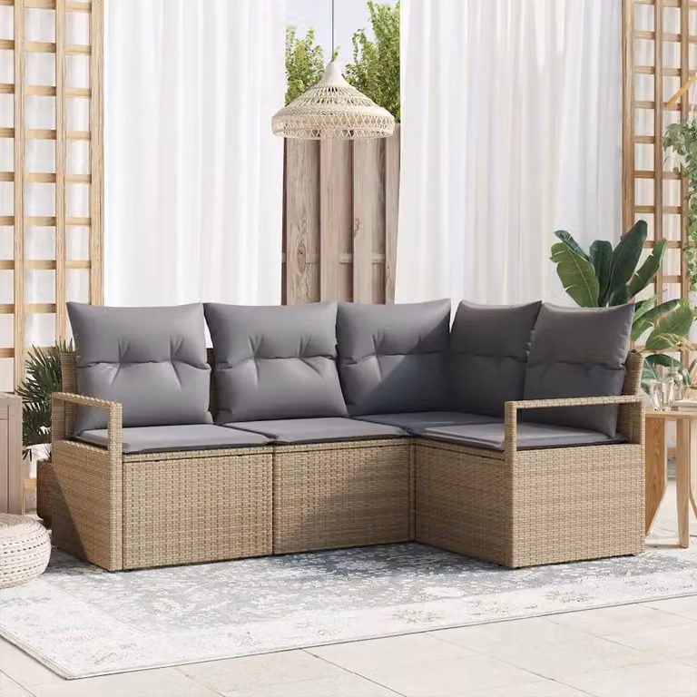 Set di divani da giardino vidaXL a forma di L composto da 4 pezzi in polyrattan beige con cuscini inclusi e struttura in metallo resistente ai raggi UV