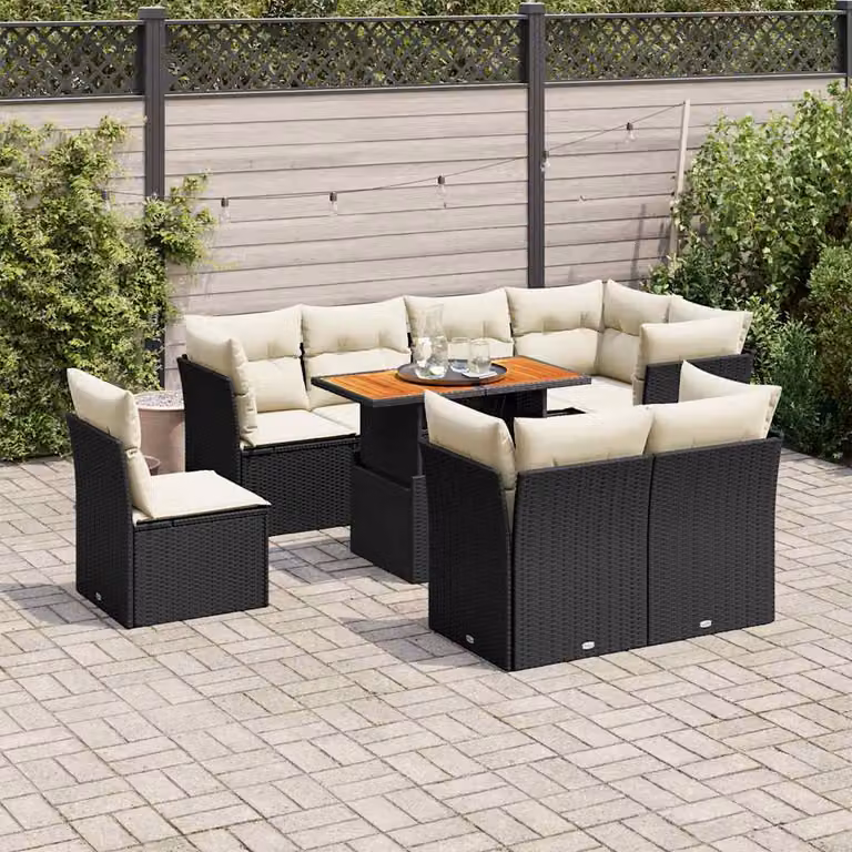 Set Divani da Giardino vidaXL 9 pz in Polyrattan Nero con Cuscini e Tavolino da Esterno