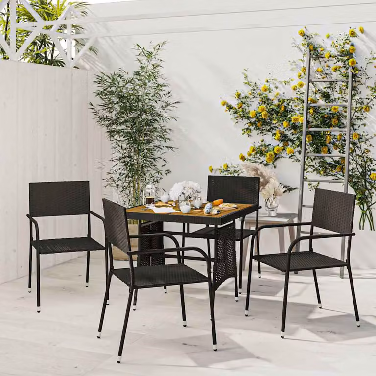 Set da pranzo per giardino e terrazzo vidaXL in 5 pezzi in polyrattan nero con tavolo in legno di acacia