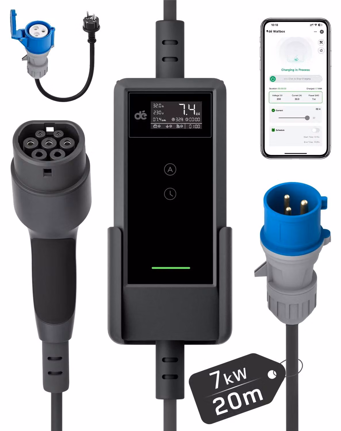Caricatore per veicoli elettrici, controllo tramite app, corrente di 32A, potenza di 7,4 kW, cavo di 20 metri