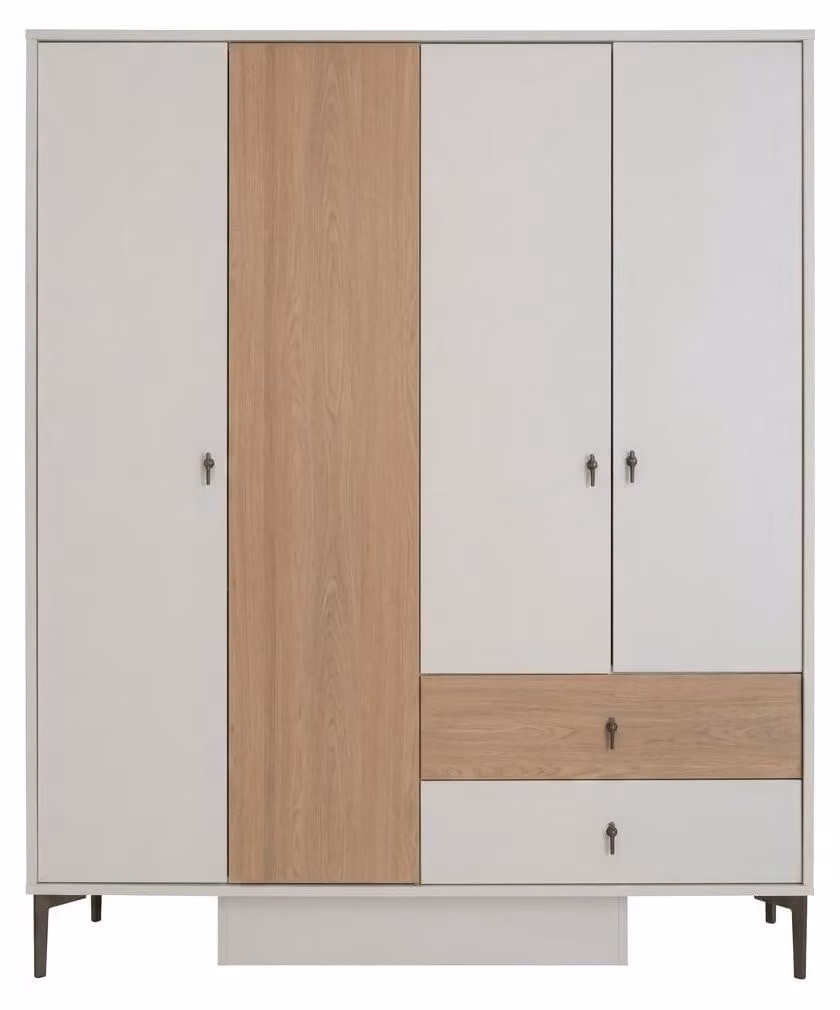 Armadio a 4 ante, color crema e marrone, con cassetti, ideale per camerette o camere da letto