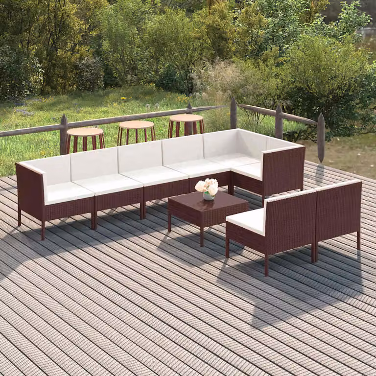 Set di divani da giardino vidaXL 9 pz con tavolino da caffè in rattan marrone e cuscini bianchi con struttura in metallo