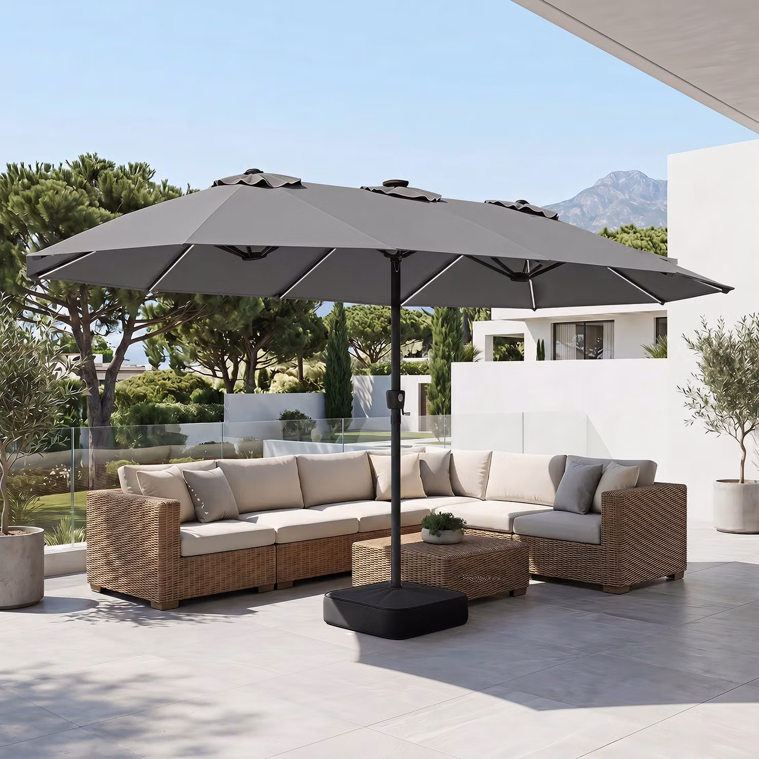 Ombrellone doppio da giardino Costway con luci regolabili e manovra a cantilever, colore Grigio