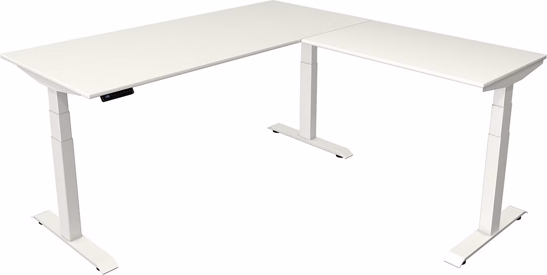Scrivania Kerkmann Move 4 regolabile in altezza elettricamente, bianca, rettangolare, con base a T bianca, 180,0 x 180,0 cm