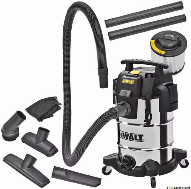 Aspiratore DeWalt per solidi e liquidi da 30 LT con fusto in acciaio inossidabile color argento DXV30SAPTA