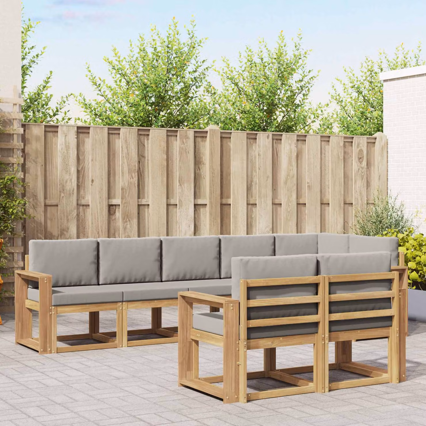 vidaXL Set di divani da esterno a forma di L composto da 8 pezzi in legno di acacia con cuscini, Bianco, Grigio e Marrone