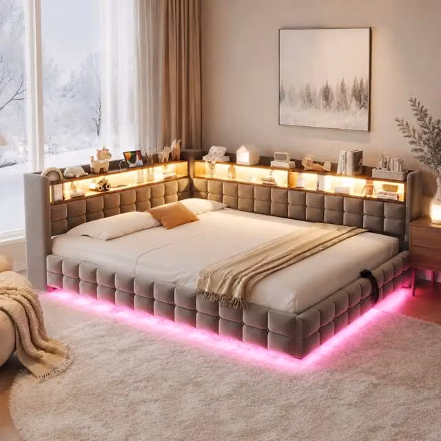 Divano letto imbottito 140 x 200 cm grigio chiaro con vano idraulico, LED e ricarica
