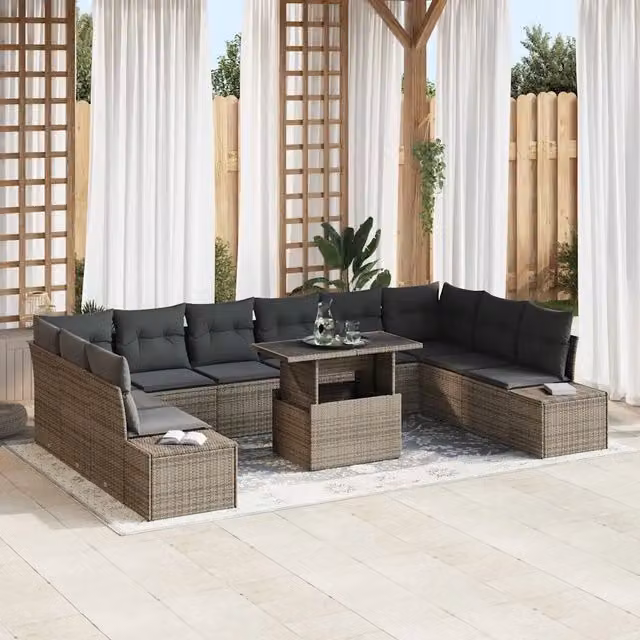 Set Divano da Giardino a Forma di U di 11 Pezzi vidaXL in Polyrattan Grigio con Tavolino e Cuscini