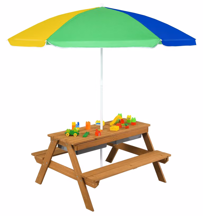 Tavolo da picnic per bambini in legno FANTASK, 3 in 1: tavolo da giardino con ombrellone e panche