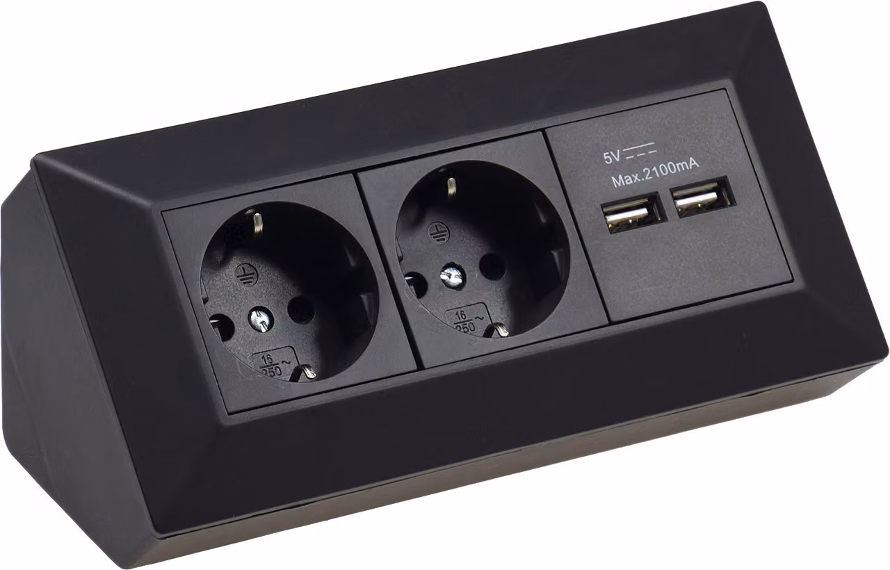 ChiliTec blocco prese a 2 vie + 2x USB nero 250V AC / 16A montaggio a superficie Nuova versione