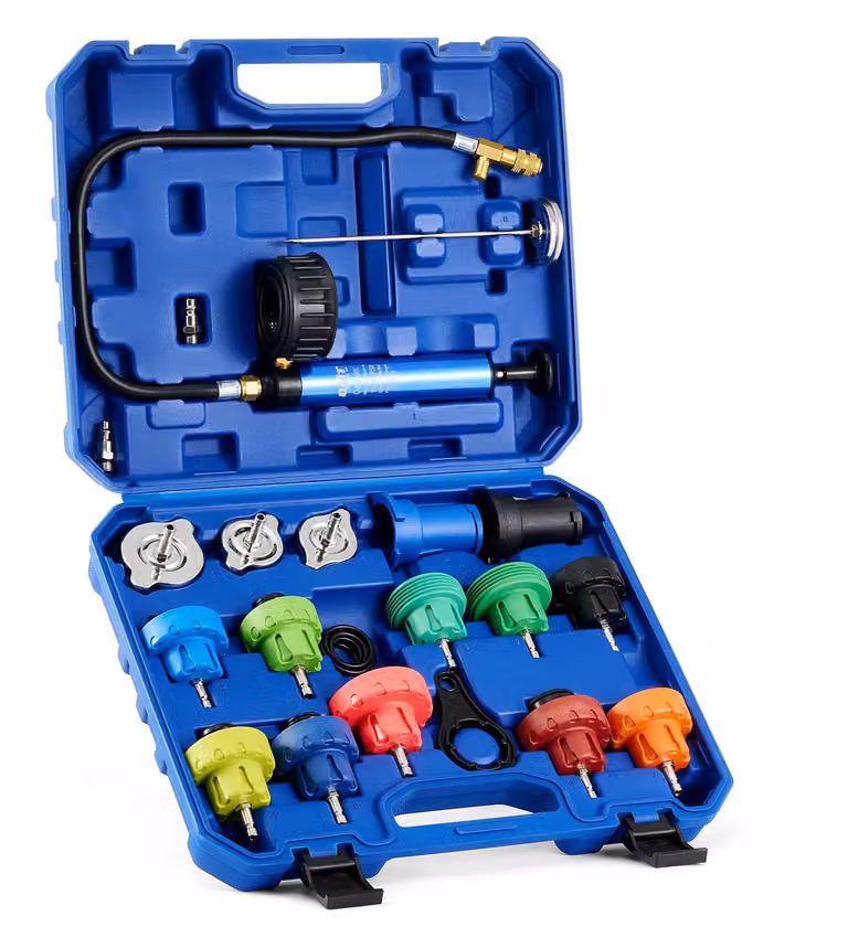 Kit di prova per sistemi di raffreddamento, composto da 19 elementi, comprensivo di adattatori per radiatori e pompa del vuoto