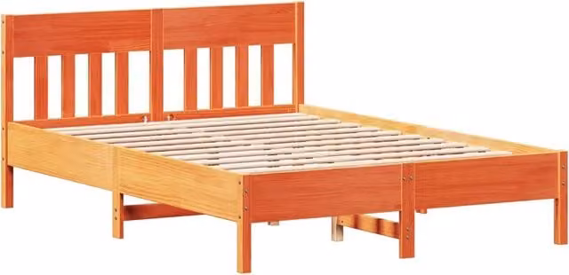 Letto matrimoniale in legno di pino color marrone cera con stile rustico, L/P/H: 140 x 190 x 81 cm