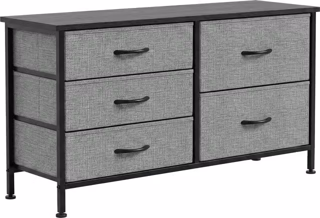 Cassettiera HOMCOM con 5 cassetti in tessuto e telaio in acciaio, Grigio Scuro e Nero, L: 100 cm, P: 30 cm, H: 53 cm – 1