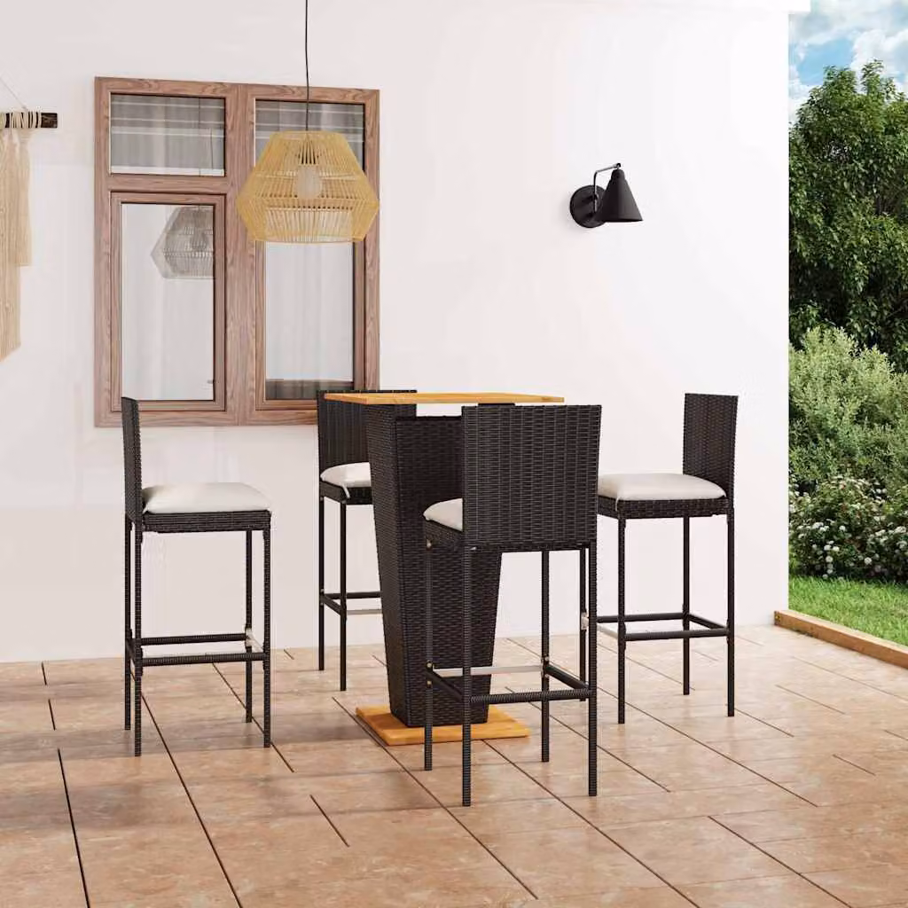 Set da Bar da Giardino vidaXL in Polyrattan e Legno di Acacia con Cuscini Nero e Beige – 1