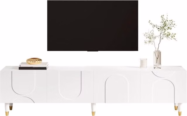 Mobile TV asimmetrico con rilievo ad arco, 4 ante, ampio spazio contenitore, gambe in legno massello, per soggiorno
