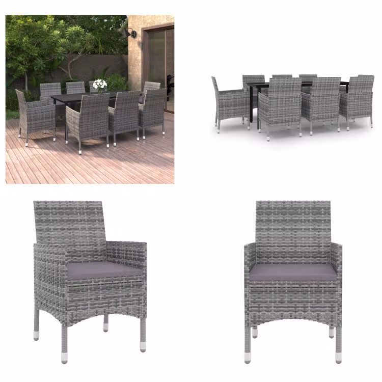 vidaXL Set da pranzo da giardino 9 pezzi con cuscini in polirattan e vetro - Set da pranzo da giardino - Set da pranzo da giardino - Set da pranzo da esterno - Tavolo e sedie da giardino