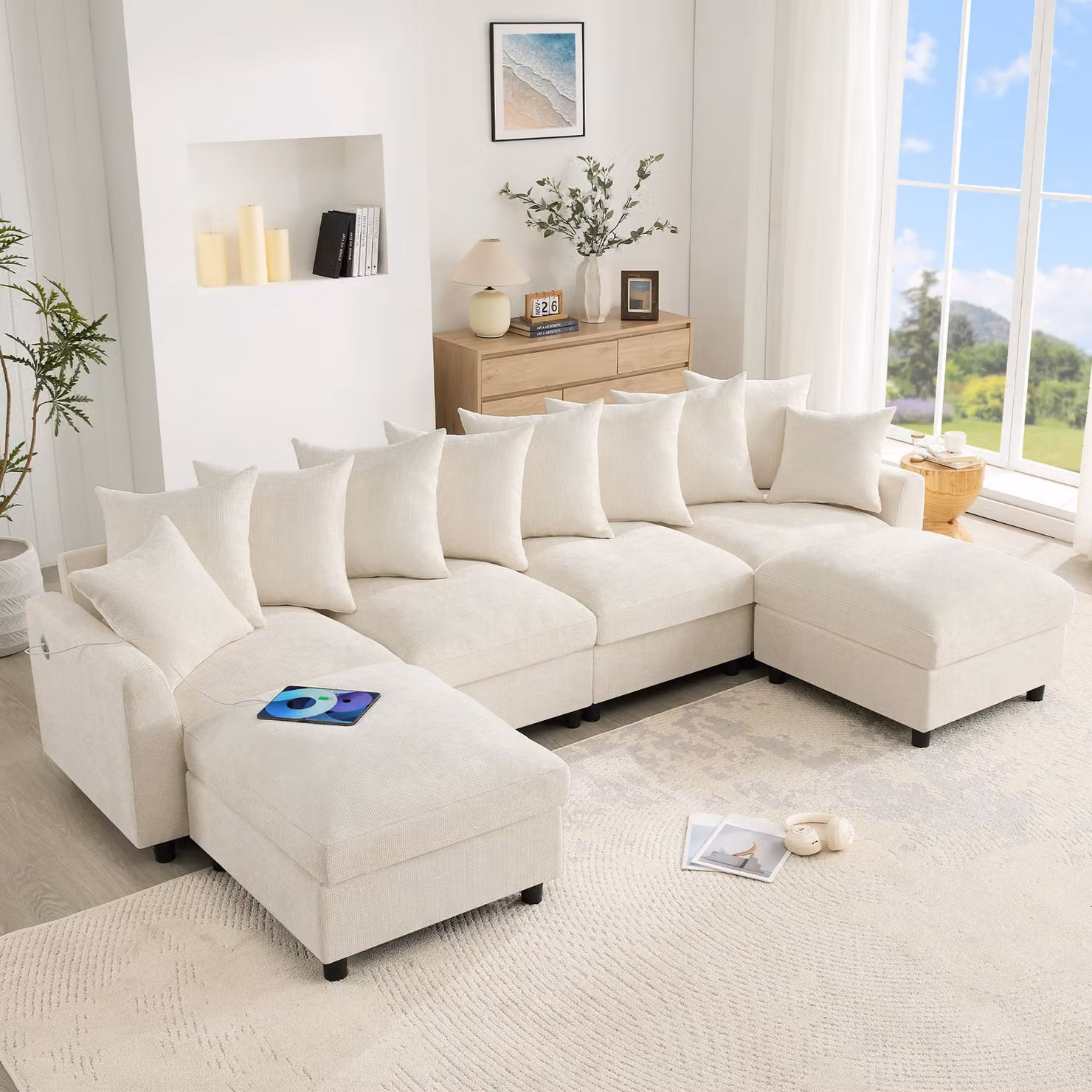 Divano angolare modulare a forma di U, 6 posti, con 2 poggiapiedi, porta USB di tipo C, divano in velluto con imbottitura a molle insacchettate, color beige