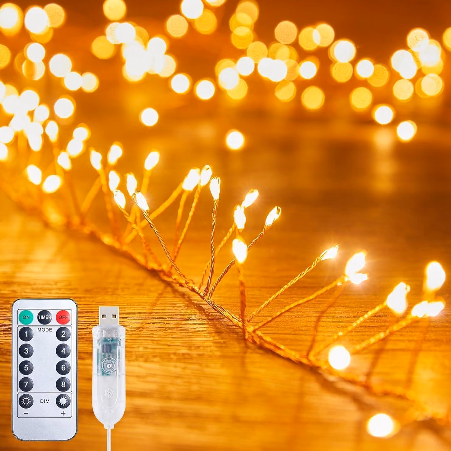 Catena luminosa a LED, lunghezza 3 metri, 100 luci a luce calda, alimentazione USB, con telecomando