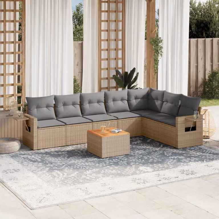 vidaXL Set Divano da Giardino a L 8 pz in Polyrattan con Cuscini Beige e Ottoman