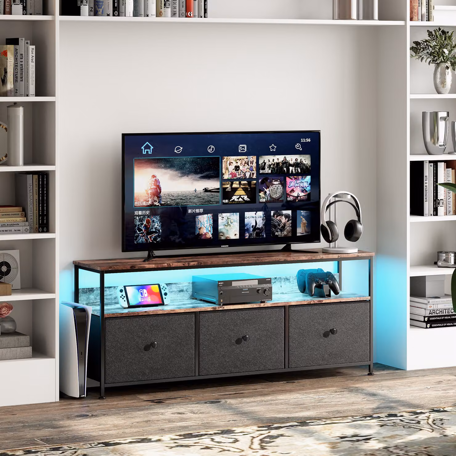 CDGlobal cassettiera con cassetti, LED, cassettiera multifunzionale per camera da letto e soggiorno - Credenza robusta e durevole, vintage e nera (137 cm)