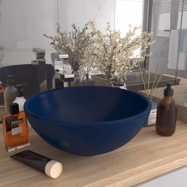 The Living Store Lavabo rotondo blu scuro opaco 32,5x14 cm in Vetroceramica