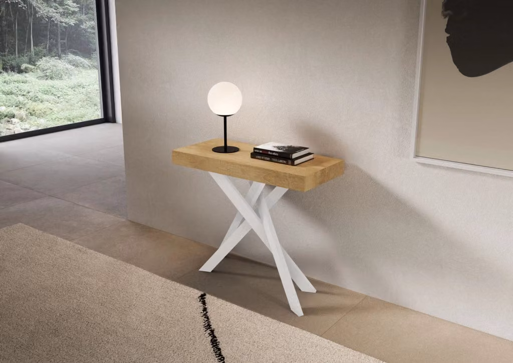 Consolle Allungabile Saki GIORDANOSHOP in Quercia Natura con Gambe Bianche L/P/H: 90-300 x 40 x 77 cm – 2