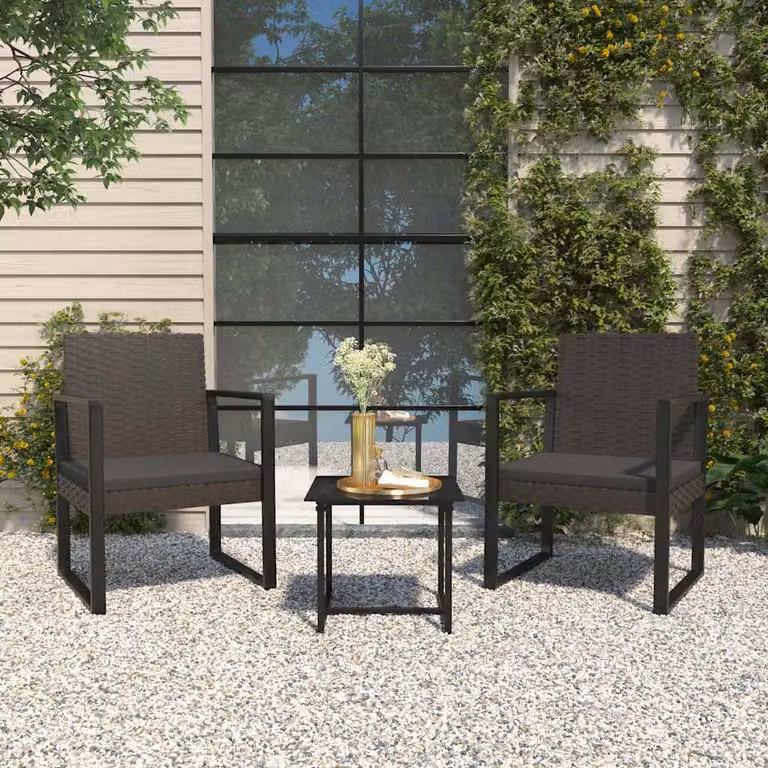 Set da giardino vidaXL composto da divano a 2 posti, poltrona lounge e tavolino con cuscini in polyrattan e acciaio nero