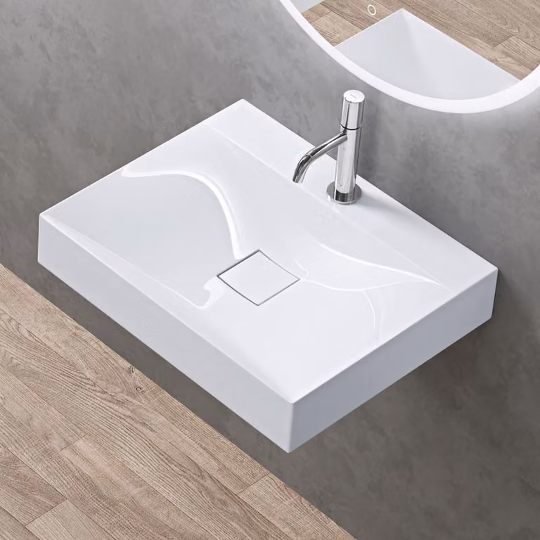 doporro Lavabo da Appoggio o Sospeso Rettangolare 60 cm in Marmoresina Bianco Lucido, Lavandino Bagno con Foro per Rubinetto Colossum810