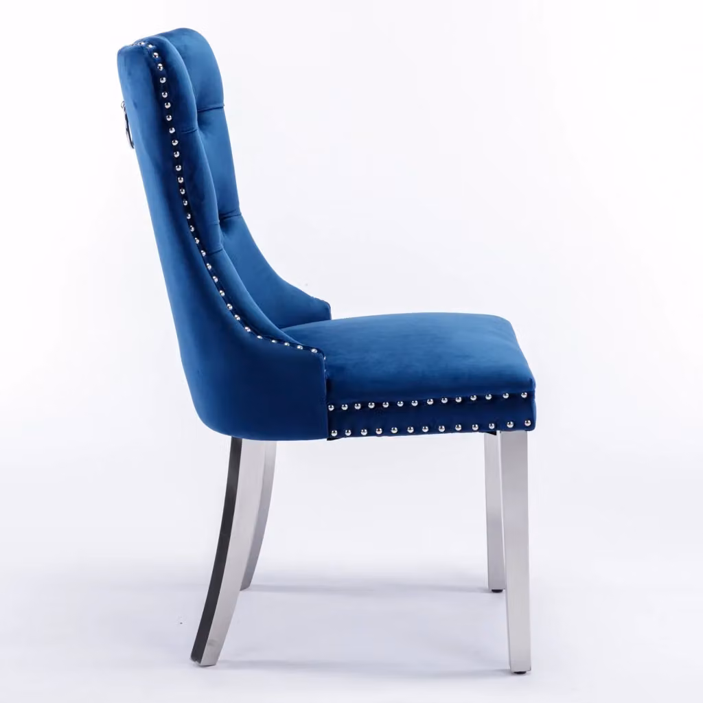Set di 2 sedie da pranzo OKWISH in velluto blu con schienale alto imbottito e borchie decorative – 2