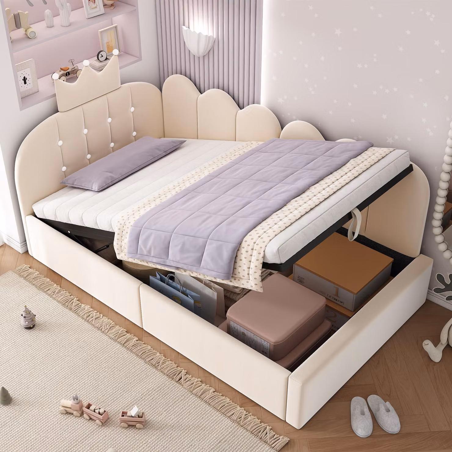 Divano letto imbottito MODFU 90x200 con design a griglia a , lettino per bambini con vano portaoggetti (idraulico), letto singolo, adatto alla cameretta dei bambini, con materasso, beige