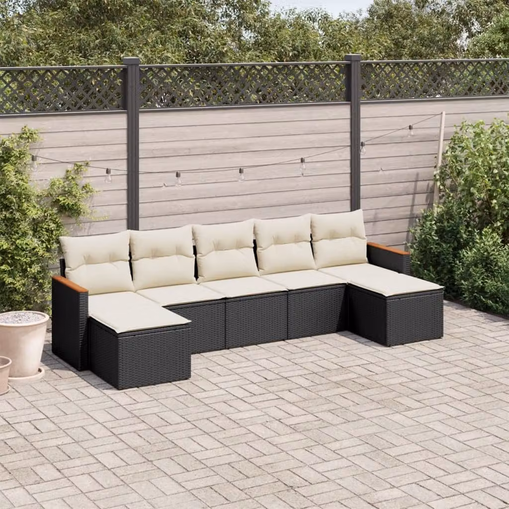 Set di Divani da Giardino vidaXL in Polyrattan Nero con 7 Cuscini e Ottoman Moderno – 1