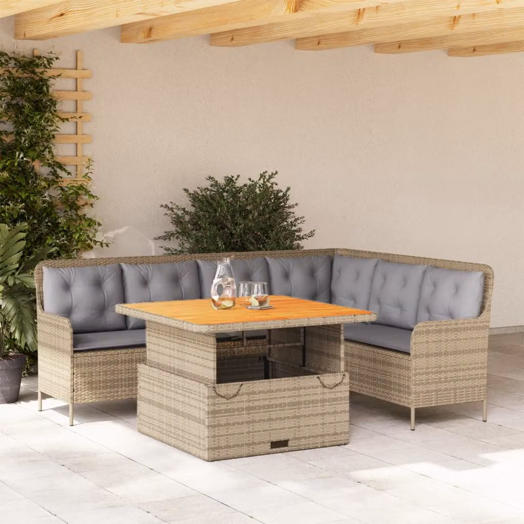 Set di Divani da Giardino vidaXL a Forma di L con Cuscini Beige e Tavolino in Polyrattan e Metallo – 1