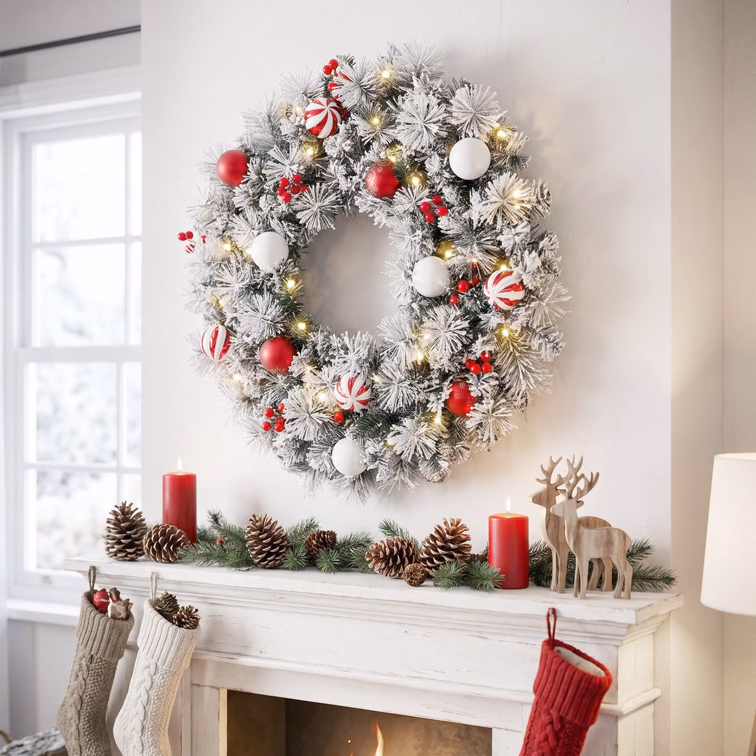 Ghirlanda natalizia innevata HOMCOM verde con LED warm white, bacche e palline, Lunghezza: 60 cm – 2