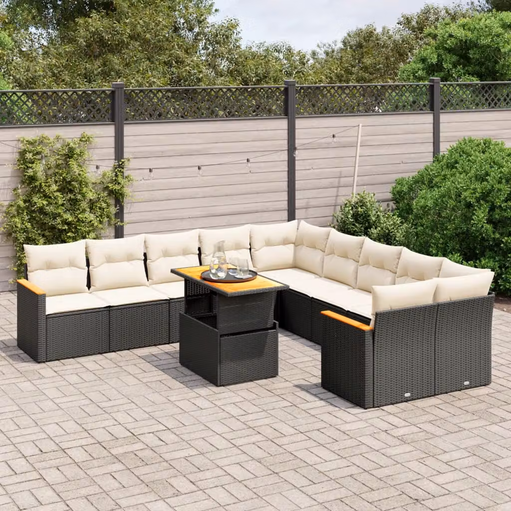vidaXL Set Divani da Giardino 11 pz in Polyrattan Nero con Cuscini e Tavolino da Esterno – 1
