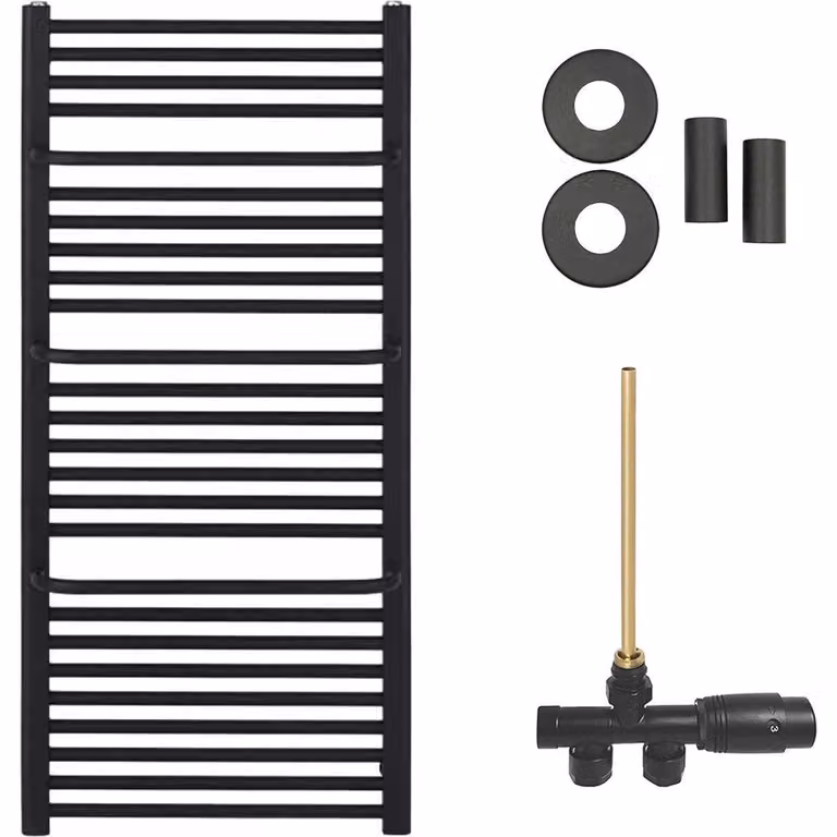 Set radiatore per bagno Antonio - riscaldamento centralizzato - attacco laterale a un punto - 857W - nero opaco - 1460x550 mm