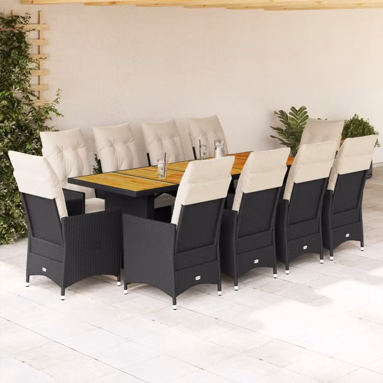 Set da Bistrò da Giardino vidaXL 11 pz in Polyrattan e Legno di Acacia con Cuscini Nero e Bianco