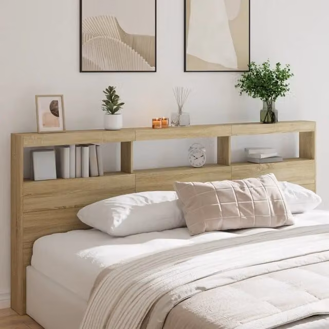 Testiera con Contenitore e Illuminazione LED vidaXL in Rovere Sonoma, con Porta USB e Ripiano Integrato, L 220 x P 17 x H 102 cm