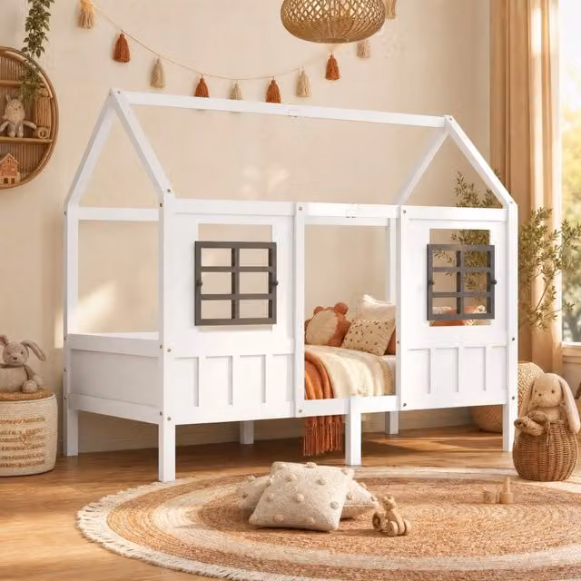 Letto singolo a casetta per bambini con 2 finestre 200x90 cm in legno massello e MDF bianco
