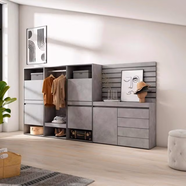 Armadio Aperto con Cassettiera e Scarpiera Skraut Home, Grigio e Nero, L: 287 cm, P: 35 cm, H: 145 cm