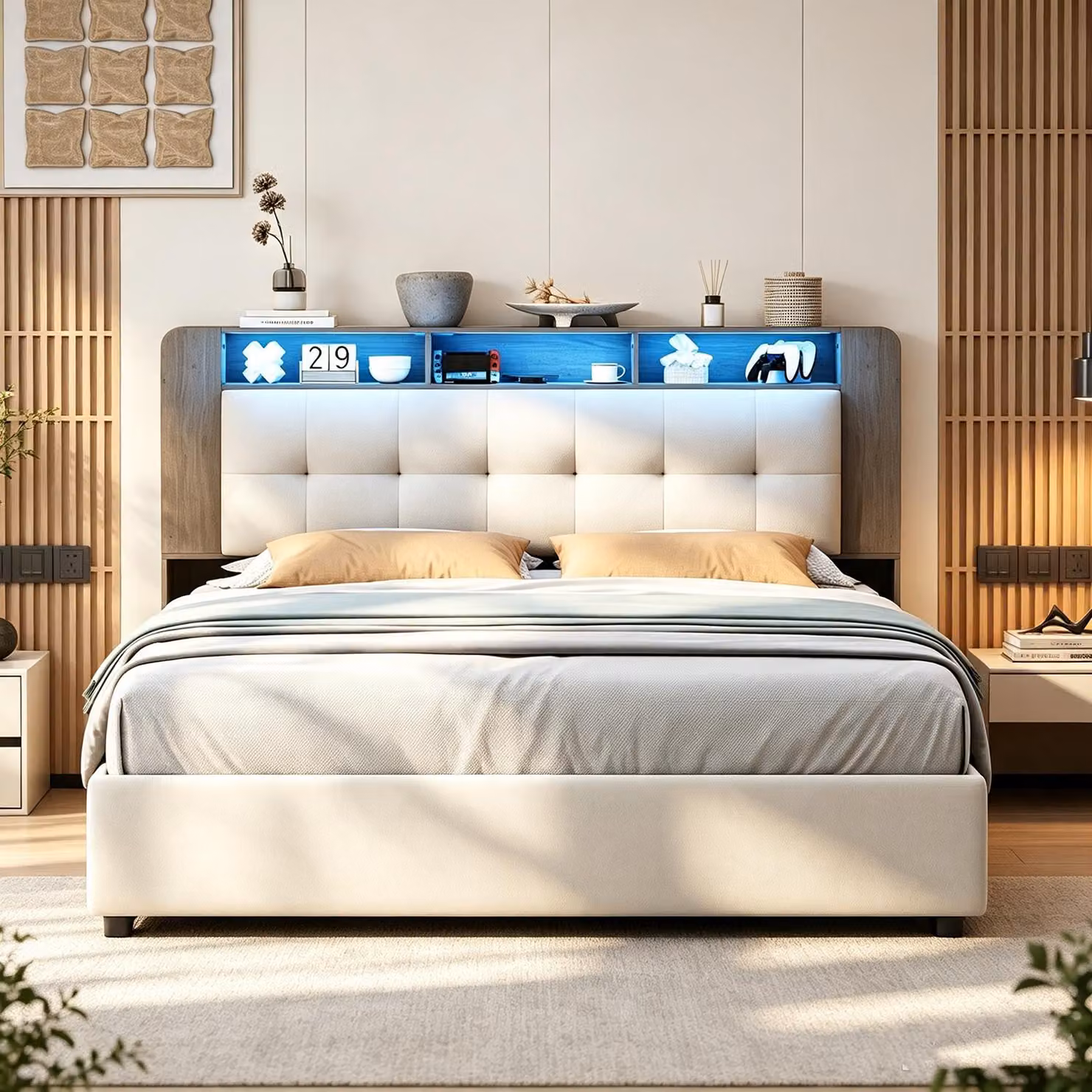 Letto matrimoniale con boxspring 140x200, dotato di illuminazione LED e sistema di ricarica wireless, imbottito, con sistema di sollevamento idraulico per lo spazio contenitivo, ideale per ragazzi, con rete a doghe e contenitore, rivestito in velluto, col