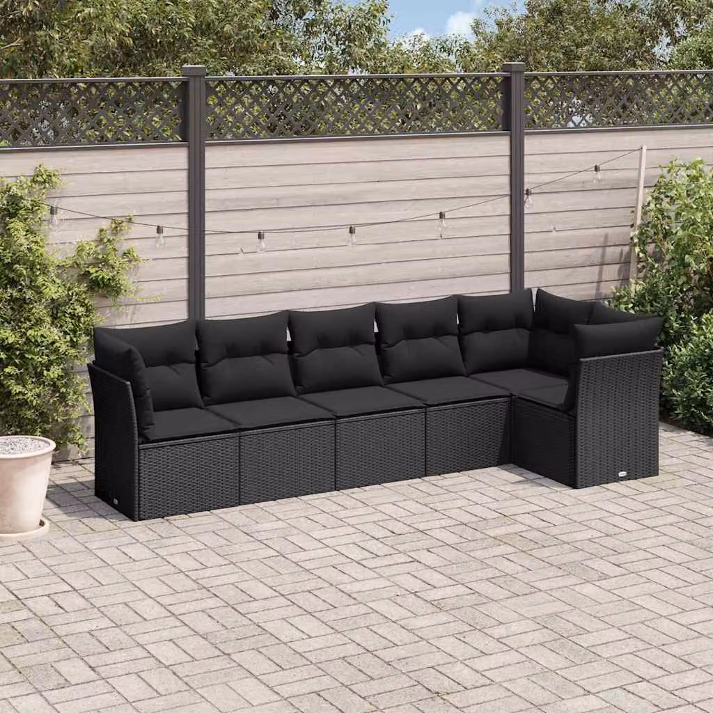 vidaXL Set Divano da Giardino a L 6 pz con Cuscini Nero in Polyrattan e Acciaio – 1