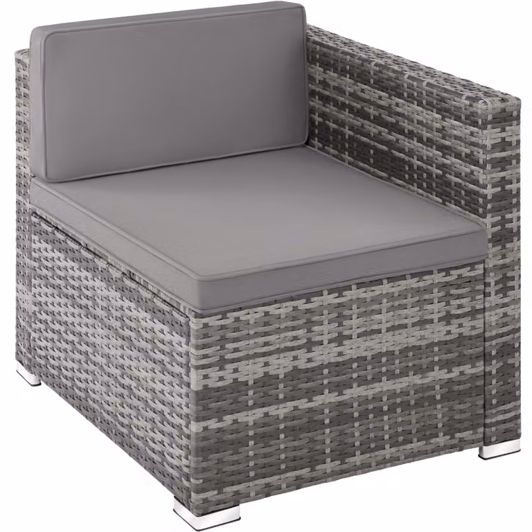 Set da giardino moderno TecTake GmbH in rattan grigio con poltrona lounge, elemento angolare, pouf e tavolino da esterno con cuscini inclusi