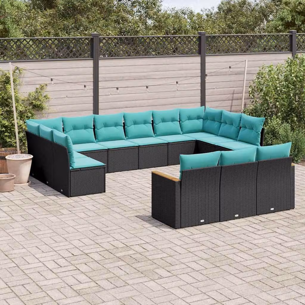 Set di divani da giardino vidaXL a forma di U in polyrattan nero con cuscini inclusi e struttura in acciaio verniciato a polvere